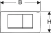 A diagram showing the dimensions of a toilet flush plate. Produktbild-Vorschau