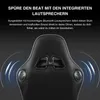 Close-up of the back of a black gaming chair with integrated speakers. Produktbild-Vorschau