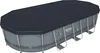 An oval-shaped swimming pool with a dark gray cover, supported by a silver metal frame, is shown against a white background. Anteprima dell’immagine prodotto