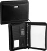 A black A4 conference folder is shown open and closed, displaying its interior compartments and a sheet of paper. Voir les images du produit