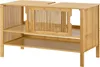 A wooden vanity cabinet with slatted doors and shelves, shown against a white background. Produktbild-Vorschau