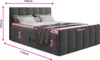 A dark gray upholstered boxspring bed with dimensions indicated by pink lines and text. Produktbild-Vorschau