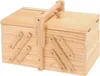 A wooden sewing box with its lid open, revealing compartments and a handle. Podgląd zdjęcia produktu