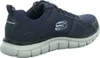 A side view of a navy blue Skechers athletic shoe. Voir les images du produit