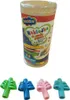A product container with writing and four pencil grips in different colors below it. Produktbild-Vorschau