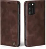 Two views of a brown leather flip case for a smartphone, shown against a white background. Produktbild-Vorschau