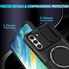 A close-up marketing image of a black phone case with a sliding camera cover and a magnetic ring stand. Produktbild-Vorschau