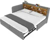 A grey upholstered daybed with a wooden shelf headboard, displaying decorative items and a tablet. Anteprima dell’immagine prodotto