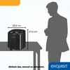 A silhouette of a person stands next to an air fryer on a table, with dimensions indicated. Produktbild-Vorschau