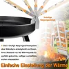 A close-up of a grill with a salmon cooking rack and flames, with text overlays describing its features. Produktbild-Vorschau