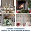 Collage of four scenes showing LED candles in different settings: a dining table, a fireplace, a wedding reception, and a formal table setting with a rose. Produktbild-Vorschau