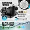A pool pump with text and graphics highlighting its features and performance. Produktbild-Vorschau