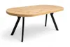 A product shot of an oval dining table with a wood-look top and black metal legs, isolated on a white background. Produktbild-Vorschau