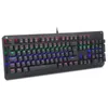 A black mechanical gaming keyboard with RGB backlighting, shown from a slightly elevated diagonal angle on a white background. Produktbild-Vorschau