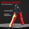 A crimping tool with red and yellow handles is shown against a dark background, with text highlighting its features. Produktbild-Vorschau