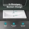 A white rectangular sink with dimensions indicated, set against a dark gray tiled background, with marketing icons and text below. Produktbild-Vorschau
