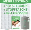 A product bundle including a duvet, an e-book, and a storage bag, with marketing text overlay. Produktbild-Vorschau