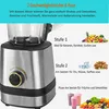 A close-up of a silver stand mixer with a glass jug, featuring text overlays describing its functions and speed settings, along with illustrative images of fruits, ice, nuts, and smoothies. Produktbild-Vorschau