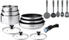 A set of cookware and utensils laid out on a white background. Produktbild-Vorschau