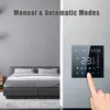 A smart thermostat is shown on a wall next to a bed in a bedroom. Produktbild-Vorschau