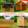 A collage of four images showcasing different wooden outdoor structures and a fence, with overlaid text promoting a post anchoring system. Náhľad obrázku produktu
