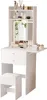 A white vanity table with a mirror and stool, set against a white background. Produktbild-Vorschau