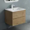 A modern bathroom vanity with a sink and faucet mounted on a gray wall. Produktbild-Vorschau