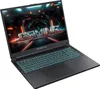 A black Gigabyte gaming laptop is shown from a diagonal front view, with its screen displaying a futuristic "GAMING" graphic. Produktbild-Vorschau