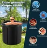 A woman is sitting in a black inflatable tub outdoors, with a pool and palm trees in the background. The right side of the image contains marketing text and icons. Produktbild-Vorschau