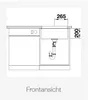 A technical drawing of a kitchen sink and cabinet with dimensions indicated. Produktbild-Vorschau