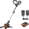 A cordless string trimmer with its battery and charger. Produktbild-Vorschau