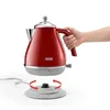 A hand is holding a red electric kettle over its base. Produktbild-Vorschau