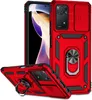 A red phone case with a sliding camera cover and a ring holder is displayed with a phone inside. Produktbild-Vorschau