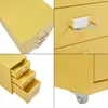 A collage of four close-up images of a yellow metal roll container with silver handles and wheels. Náhled obrázku produktu