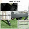 Collage of close-up images highlighting features of a table, including its glass top, powder-coated frame, and anti-slip feet, set against a green background. Produktbild-Vorschau