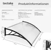 A product image showing a clear canopy awning with dimensions and technical specifications displayed in text boxes above and to the side. Náhled obrázku produktu