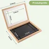 A wooden shadow box frame is shown open, with dimensions indicated by measurement lines and text. Produktbild-Vorschau