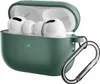 A green silicone case for Apple AirPods Pro 2, with the earbuds inside and a carabiner attached. Produktbild-Vorschau