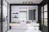 A modern bathroom with a double vanity, shower, and door. Produktbild-Vorschau