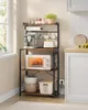 A kitchen bakers rack filled with kitchen appliances and cookware, next to a window and a kitchen cabinet. Náhled obrázku produktu