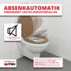 A toilet with a brown toilet seat and lid, shown in a bathroom setting with tiled walls and floor. Text overlays describe the product's features. Produktbild-Vorschau