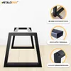 A set of black metal table legs displayed with close-up shots of its mounting hole, profile, and adjustable feet. Produktbild-Vorschau