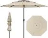A beige patio umbrella is shown in three different views: fully open, closed, and a top-down view of the open umbrella. Podgląd zdjęcia produktu