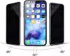 Three iPhones are shown, with the center one displaying a colorful wallpaper and app icons. The two side iPhones are dark, indicating a privacy screen effect. Dotted lines with angle measurements (45° and 90°) are shown below the phones, illustrating viewi Produktbild-Vorschau
