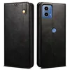 A black leather wallet case for a Motorola phone is shown from the front and back. Produktbild-Vorschau