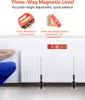 A person is using a level tool on a radiator, with marketing text and diagrams above. Produktbild-Vorschau