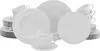 A white porcelain dinnerware set is arranged on a white background. Produktbild-Vorschau