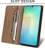 A brown leather flip wallet phone case is open, showing card slots and a phone screen. Produktbild-Vorschau