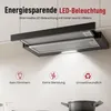 A kitchen range hood with LED lighting, with icons and text describing its features. Produktbild-Vorschau