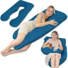 A collage of images showing a blue U-shaped pregnancy pillow. One image shows the pillow laid out, another shows a woman sleeping on it, and a third shows a woman sitting up with the pillow. Produktbild-Vorschau